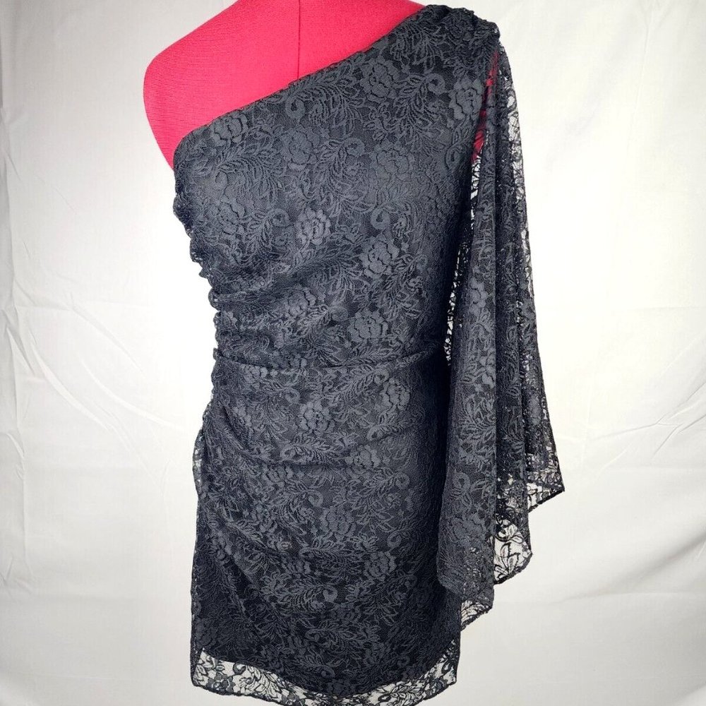 Hailey Brand Black One Shoulder Short Dress w/ Lace Overlay and Sleeve - 6